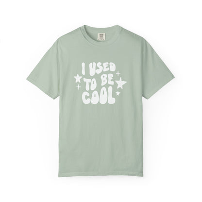 Mint green t-shirt with 'I used to be cool' text on a white background
