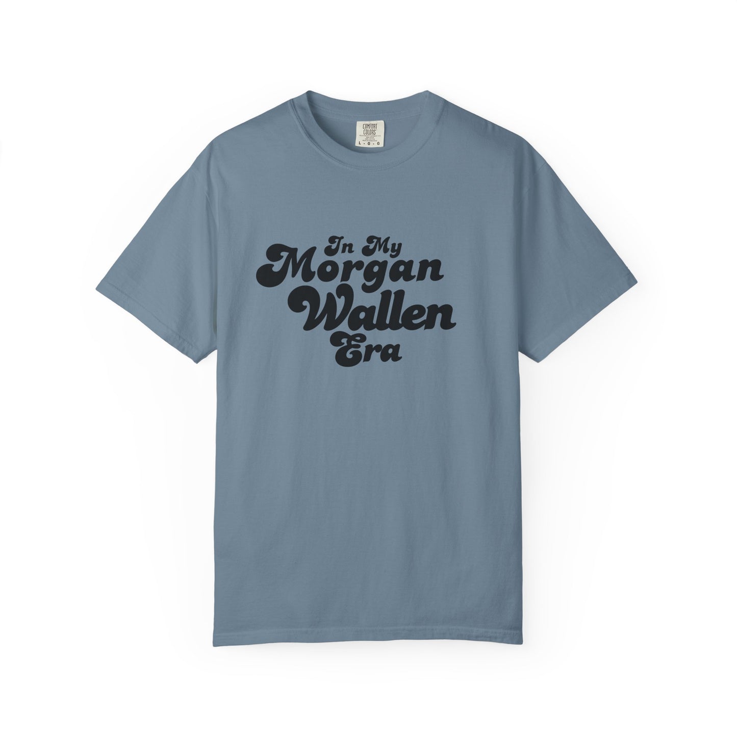 Blue t-shirt with 'In My Morgan Wallen Era' text