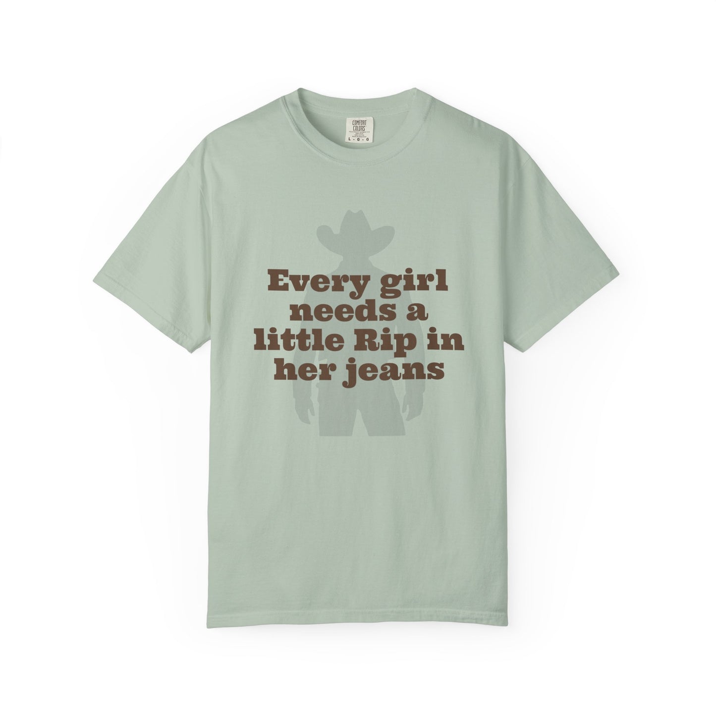 Light green t-shirt with text and graphic