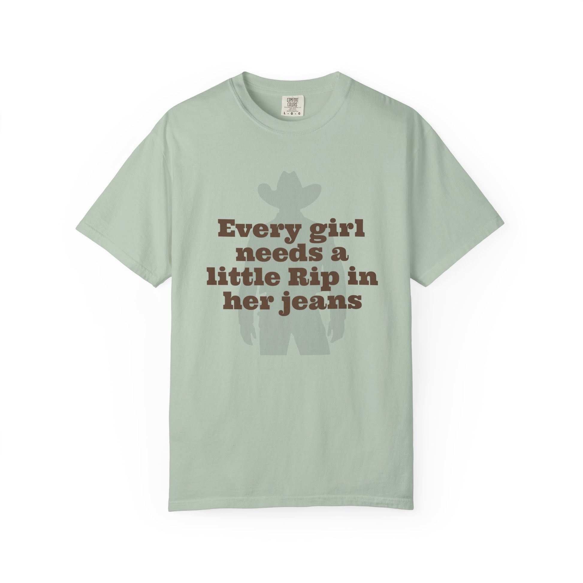 Light green t-shirt with text and graphic