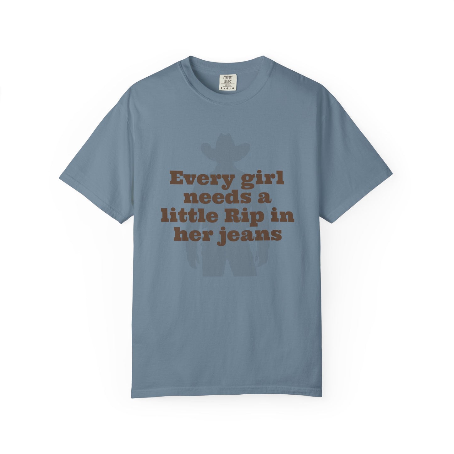 Blue t-shirt with text 'Every girl needs a little Rip in her jeans' on a white background