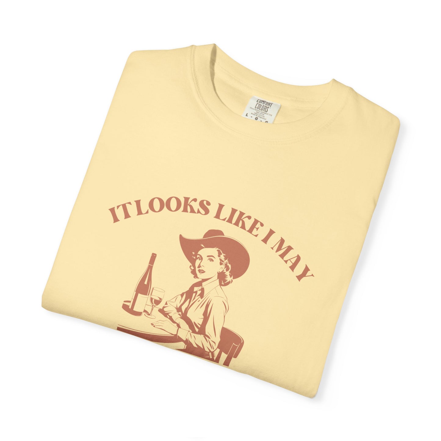 Folded yellow t-shirt with a graphic and text