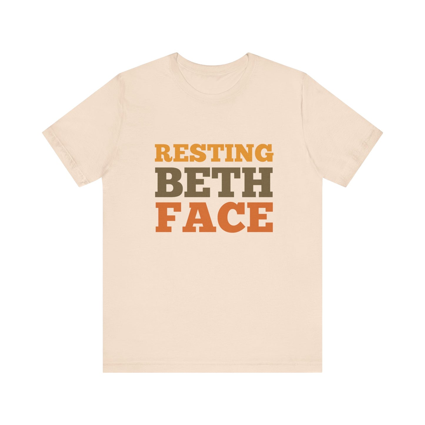 Beige t-shirt with 'RESTING BETH FACE' text in brown and black on a white background