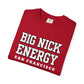 Folded red t-shirt with 'BIG NICK ENERGY SAN FRANCISCO' text on a white background