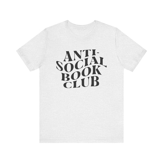 Light Grey t-shirt with 'ANTI-SOCIAL BOOK CLUB' text on a white background