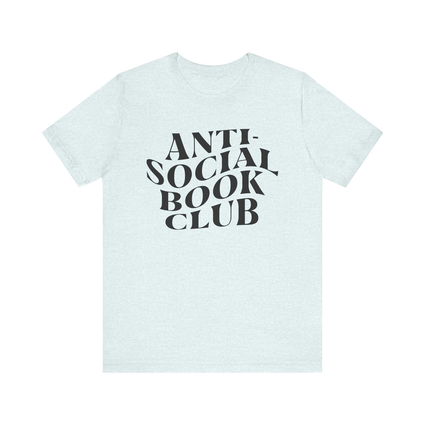 Light blue t-shirt with 'Anti-Social Book Club' text on a white background