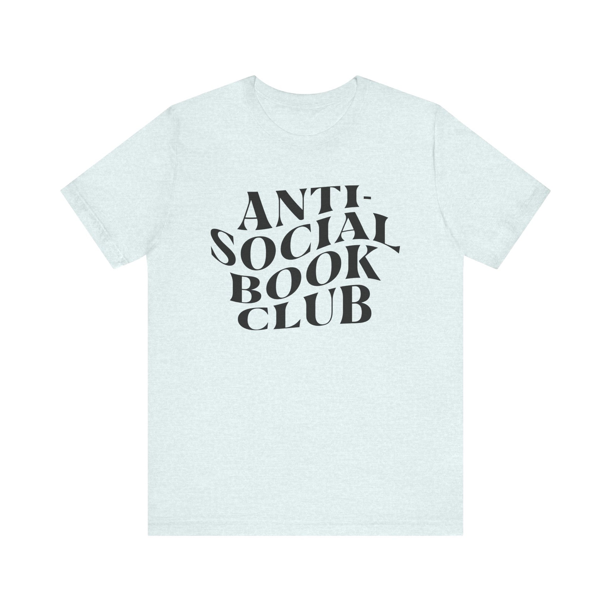 Light blue t-shirt with 'Anti-Social Book Club' text on a white background