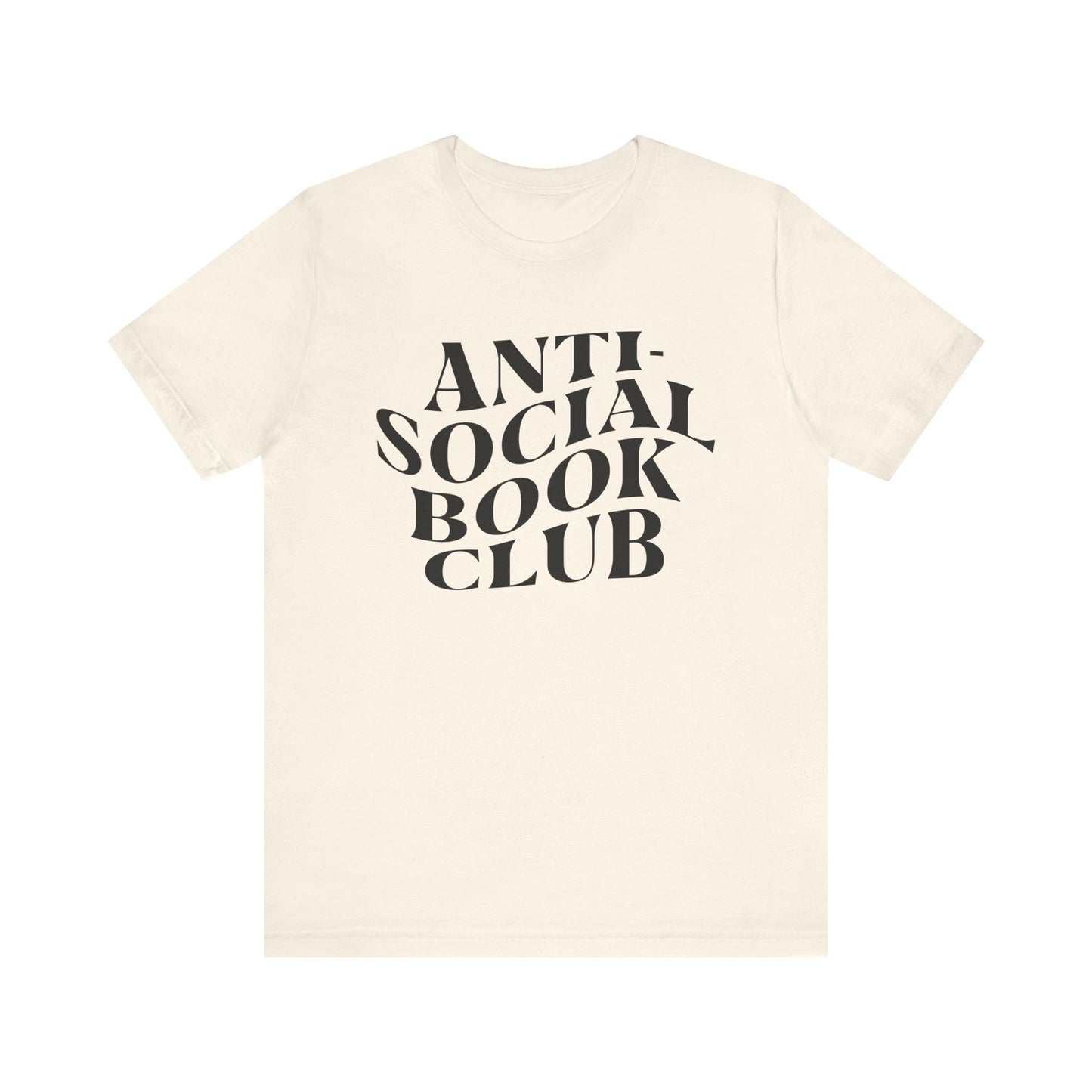 Beige t-shirt with 'Anti-Social Book Club' text on a white background