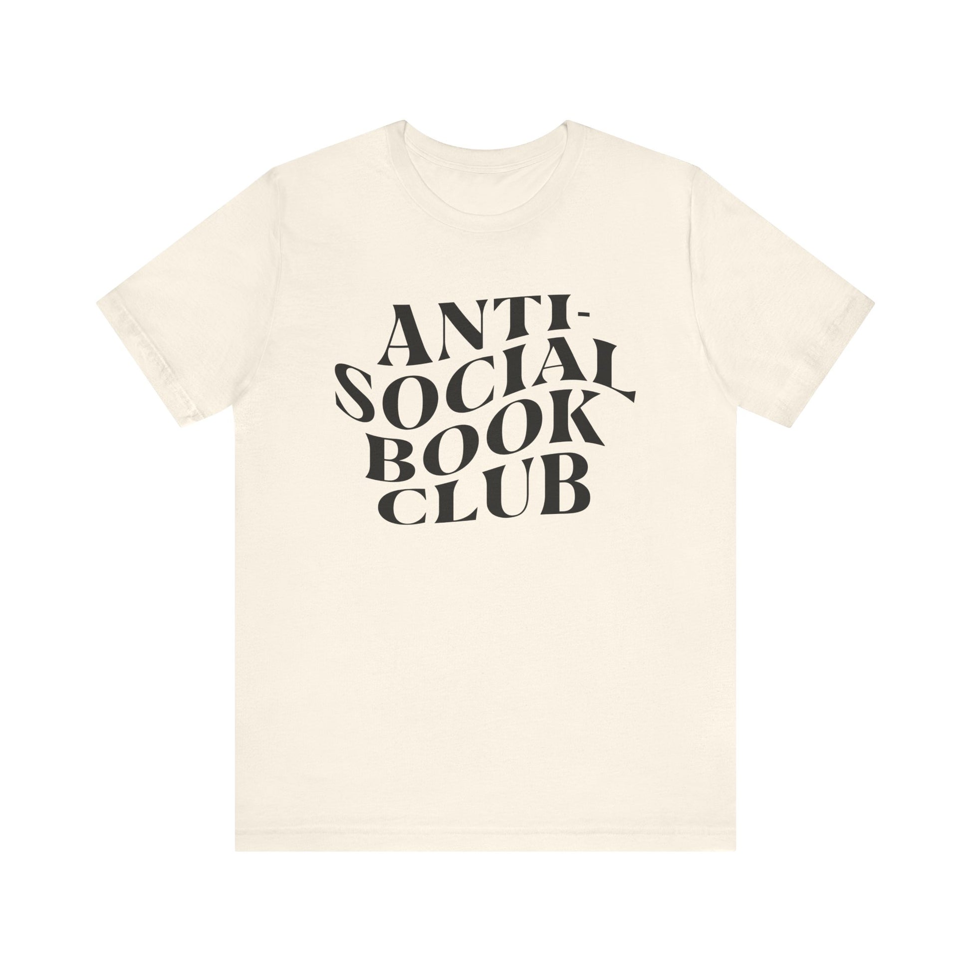 Beige t-shirt with 'Anti-Social Book Club' text on a white background