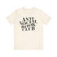Beige t-shirt with 'Anti-Social Book Club' text on a white background
