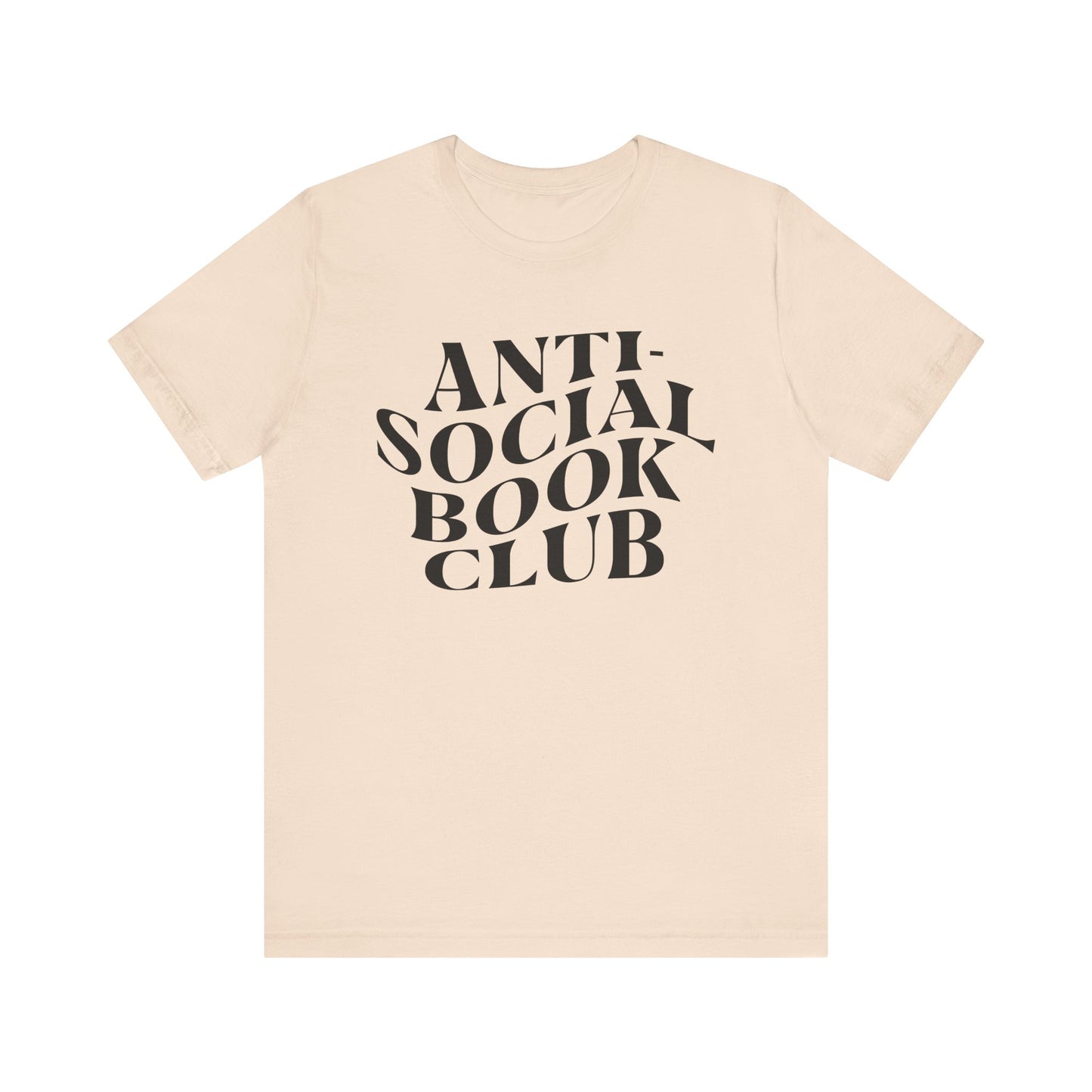 Beige t-shirt with 'Anti-Social Book Club' text on a white background