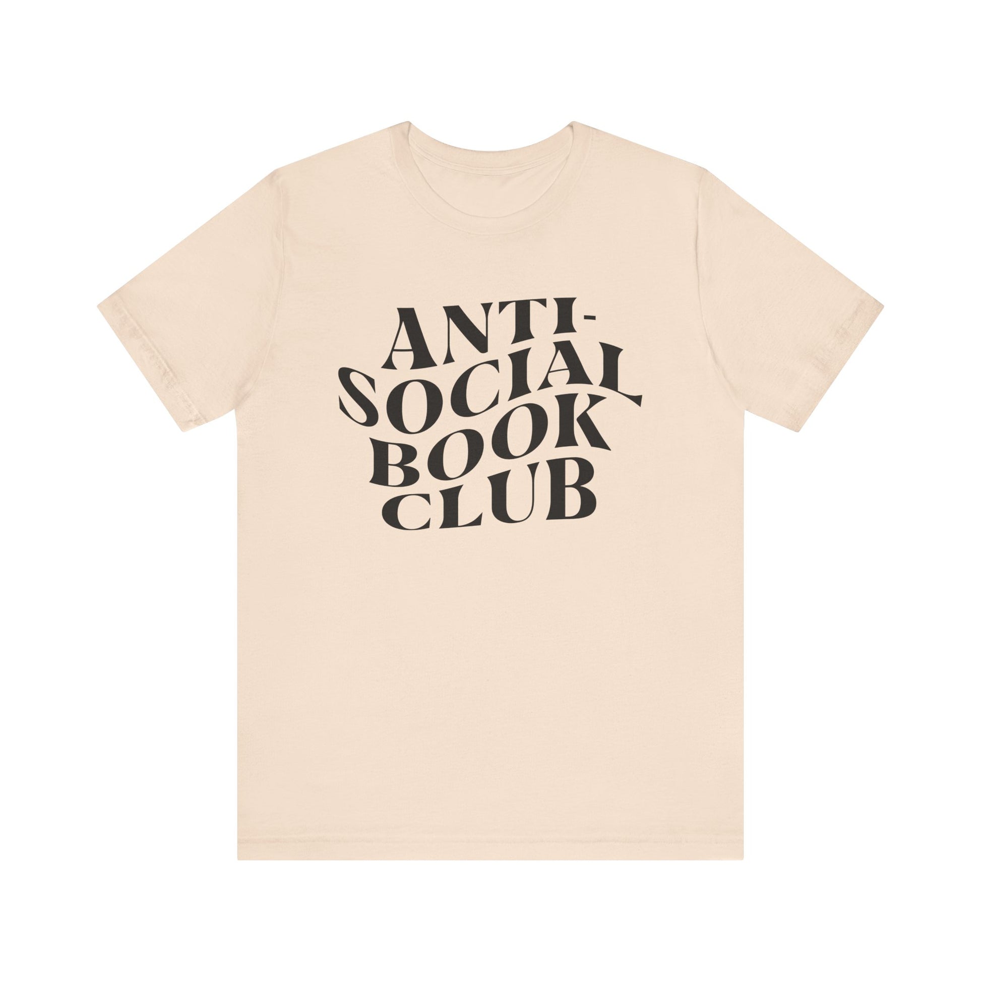 Beige t-shirt with 'Anti-Social Book Club' text on a white background
