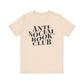 Beige t-shirt with 'Anti-Social Book Club' text on a white background