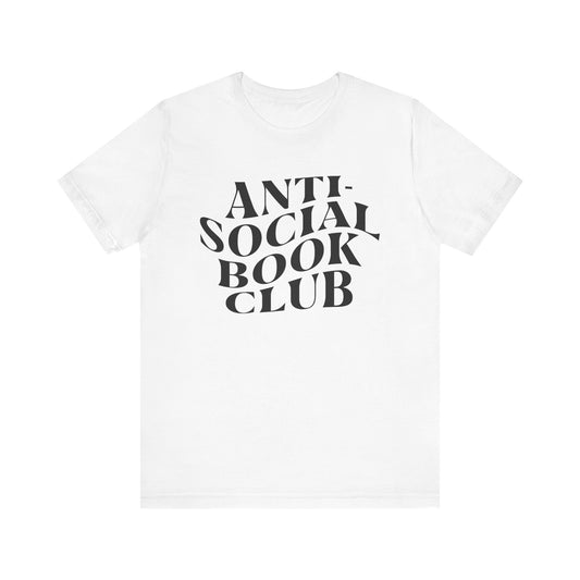 White t-shirt with 'ANTI-SOCIAL BOOK CLUB' text on a white background