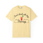 Yellow shirt with a graphic of a Bloody Mary and text that reads 'can't drink all day if you don't start in the morning'