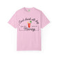 Pink shirt with a graphic of a Bloody Mary and text that reads 'can't drink all day if you don't start in the morning'