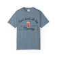 Blue shirt with a graphic of a Bloody Mary and text that reads 'can't drink all day if you don't start in the morning'