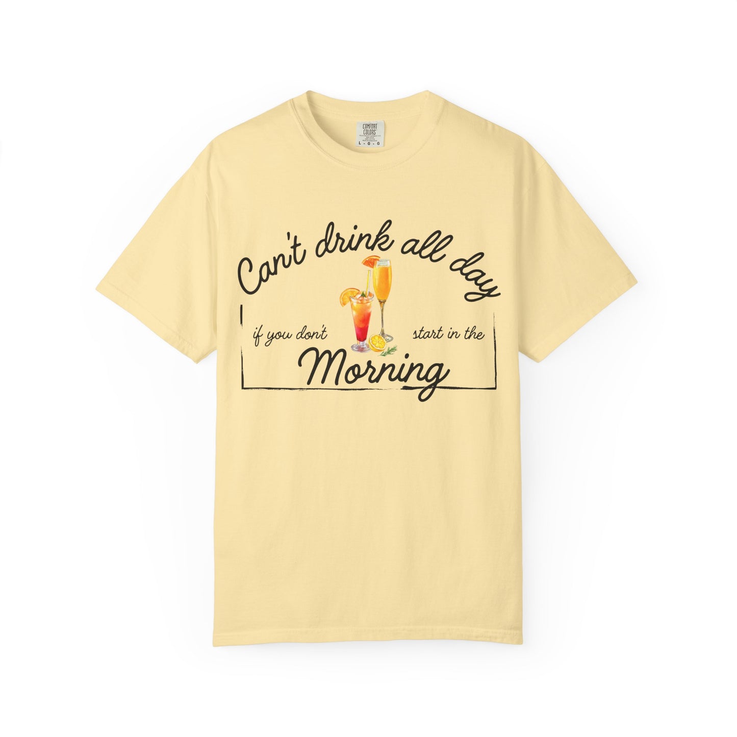 Yellow t-shirt with humorous text and cocktail graphics 