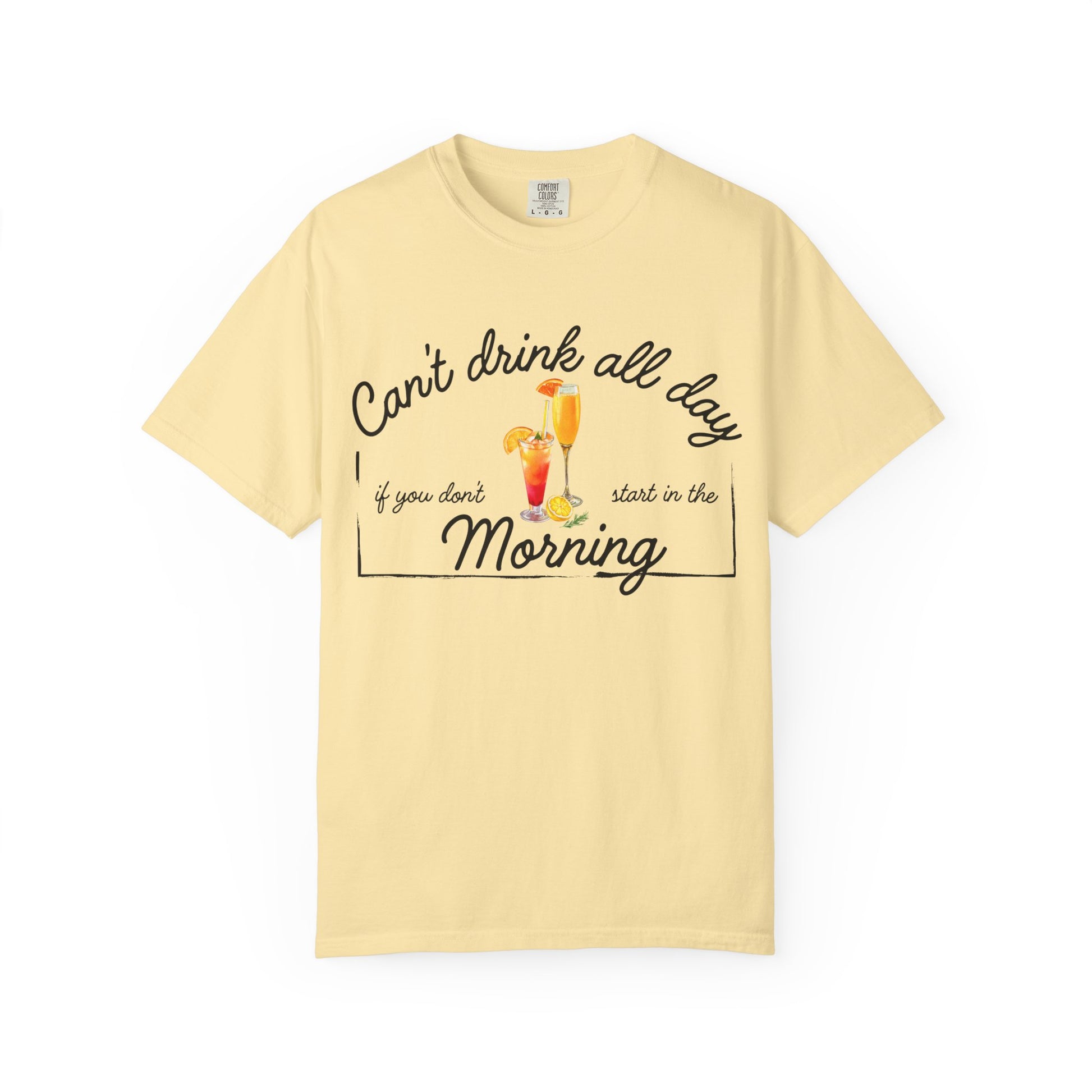 Yellow t-shirt with humorous text and cocktail graphics 