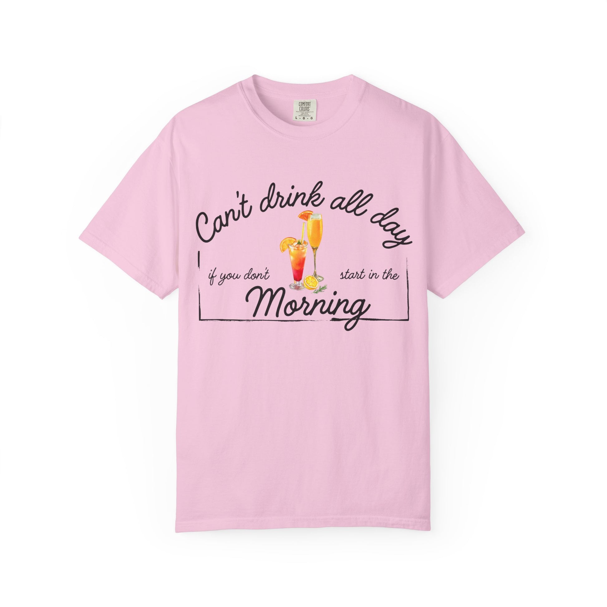 Pink t-shirt with humorous text and cocktail graphics 