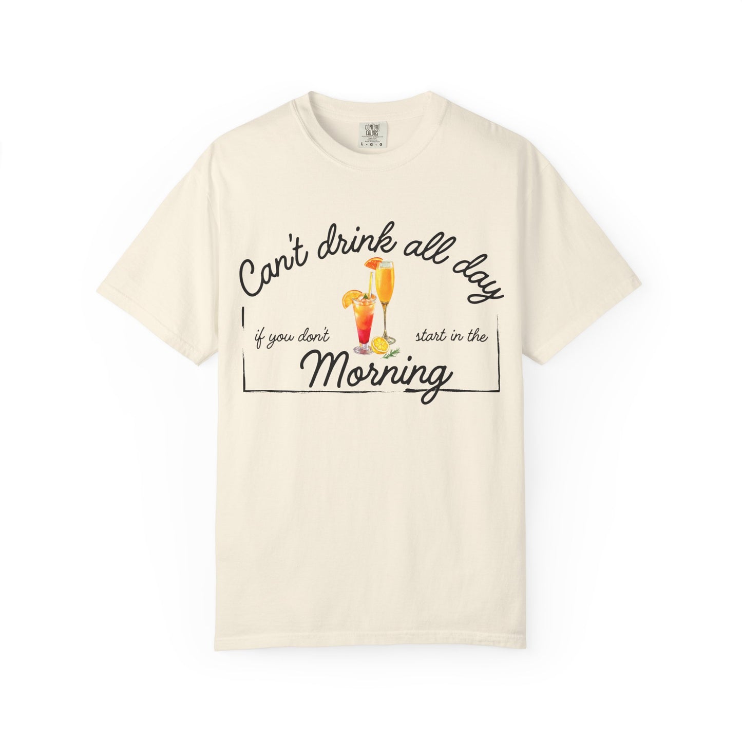 Beige t-shirt with humorous text and drink graphics 