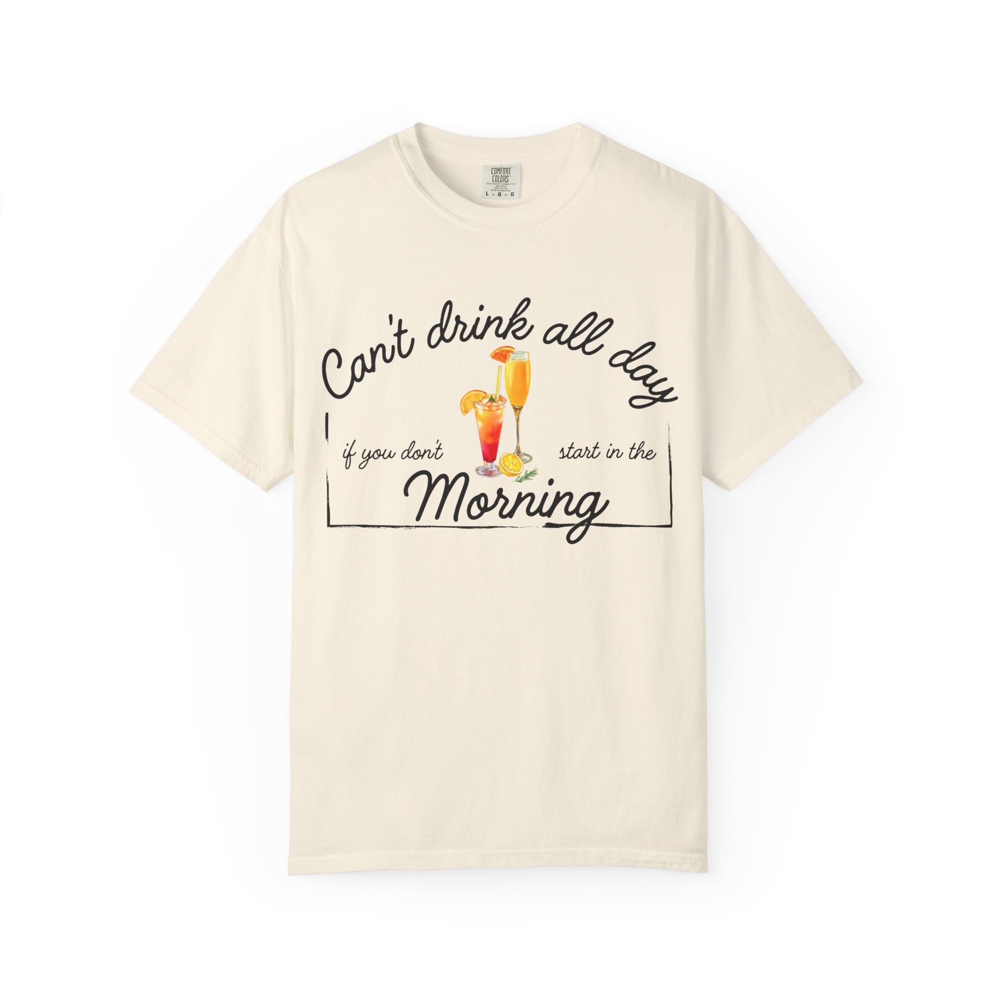 Beige t-shirt with humorous text and drink graphics 