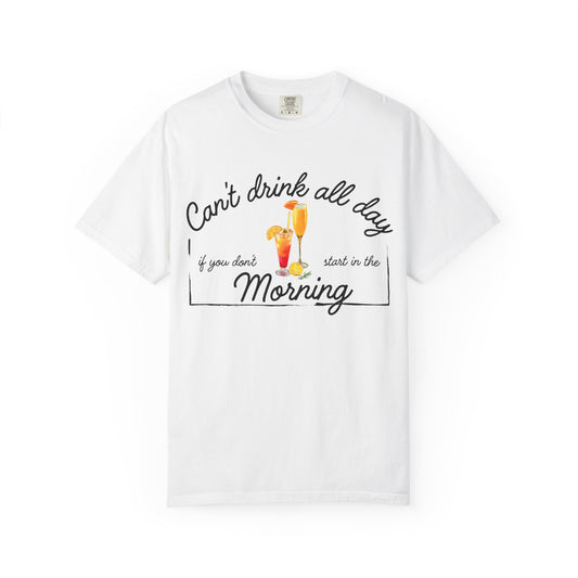White t-shirt with humorous text and cocktail graphics 