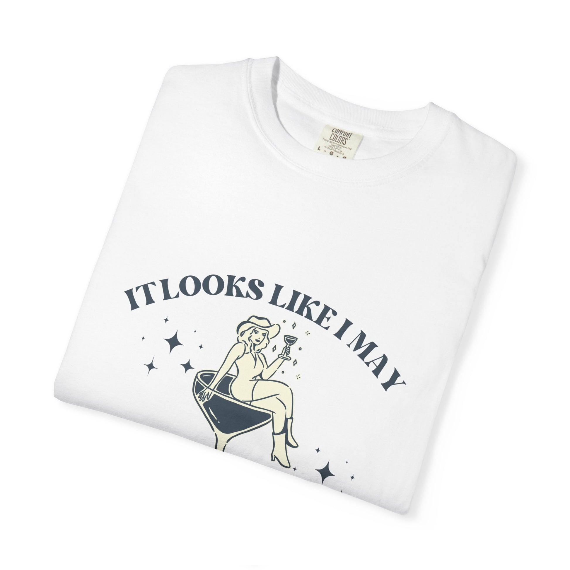 White t-shirt with graphic design and text 'It looks like I may' on a white background