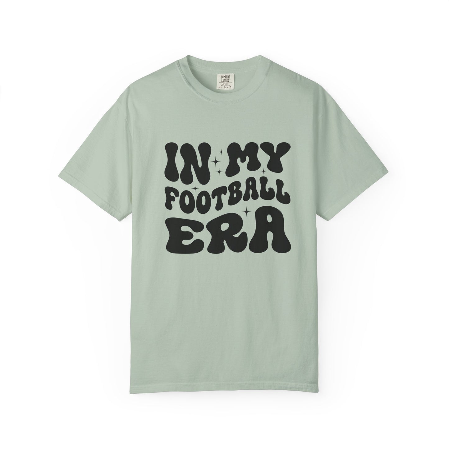 Light green t-shirt with 'IN MY FOOTBALL ERA' text on a white background