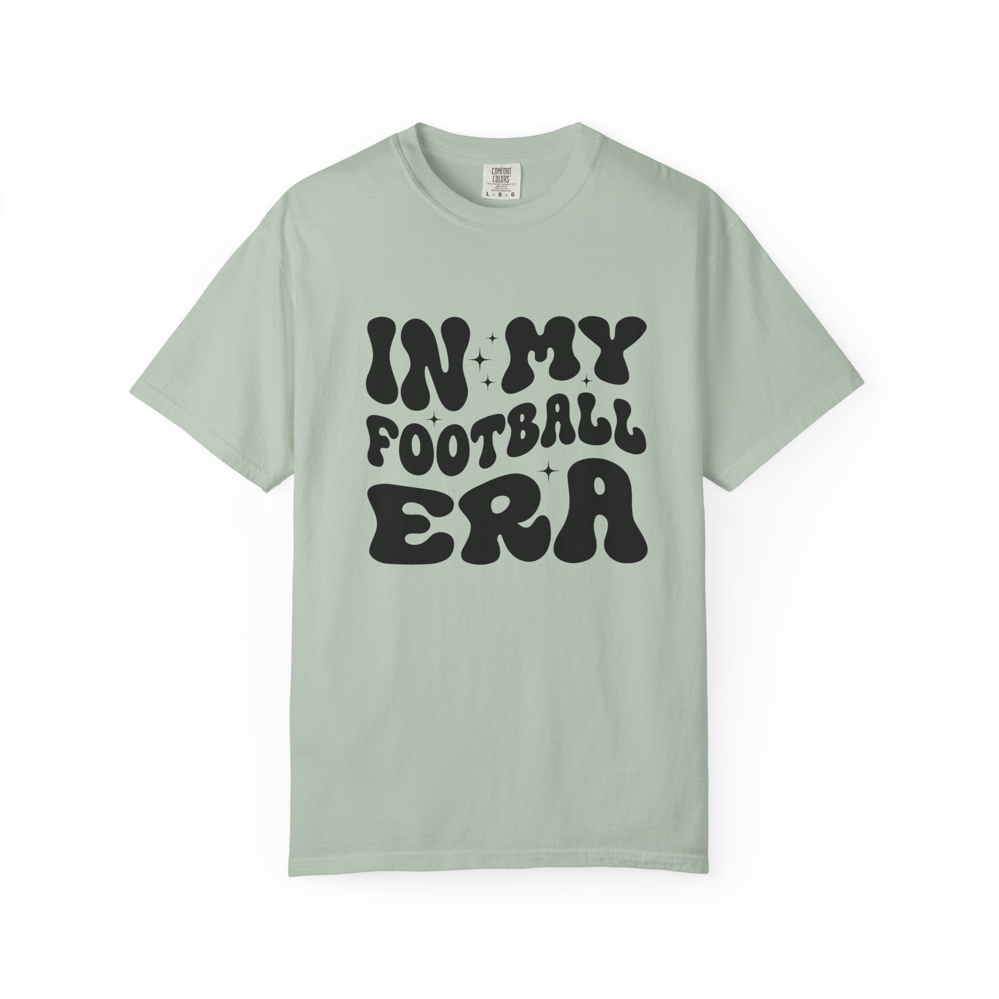 Light green t-shirt with 'IN MY FOOTBALL ERA' text on a white background