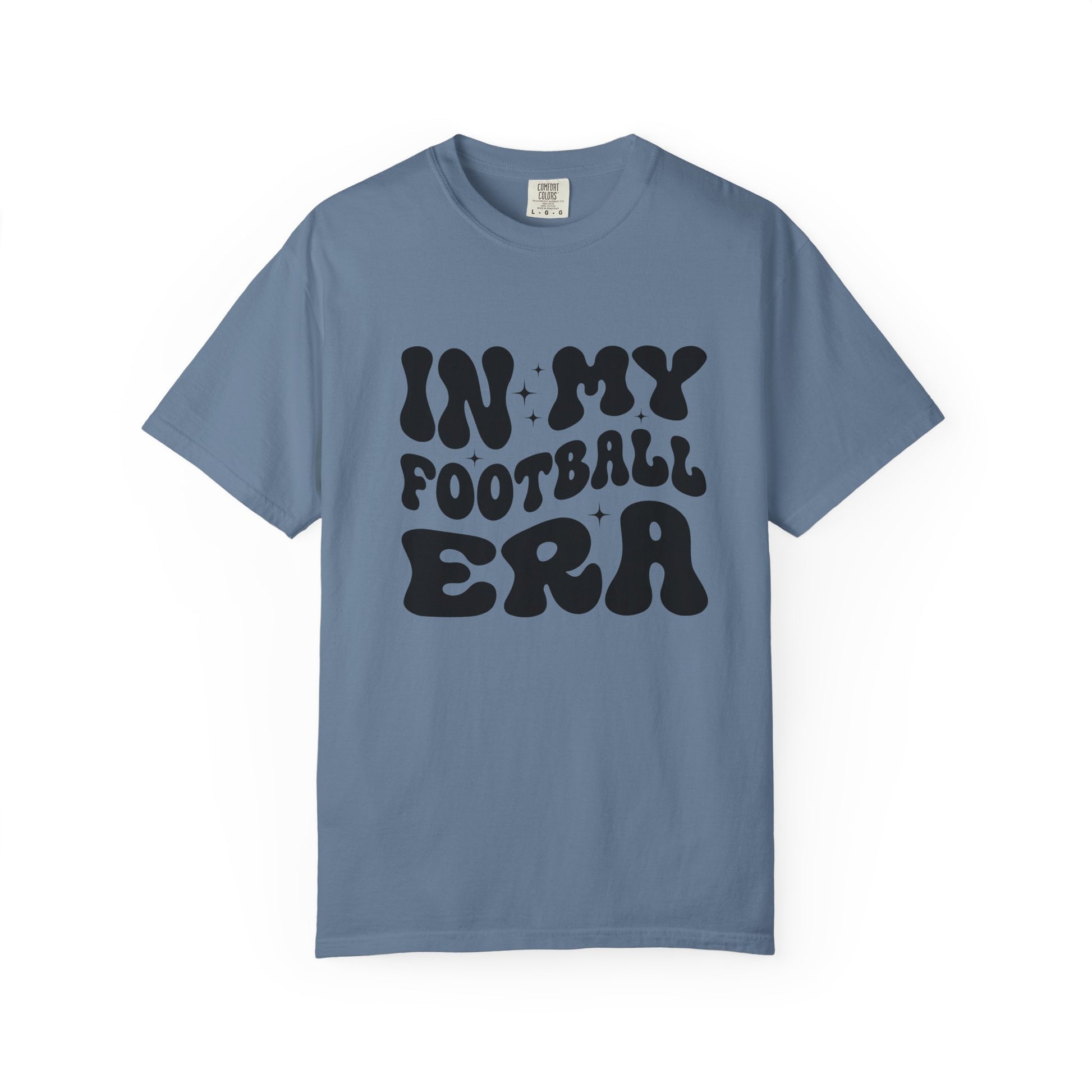 Blue t-shirt with 'In My Football Era' text on a white background