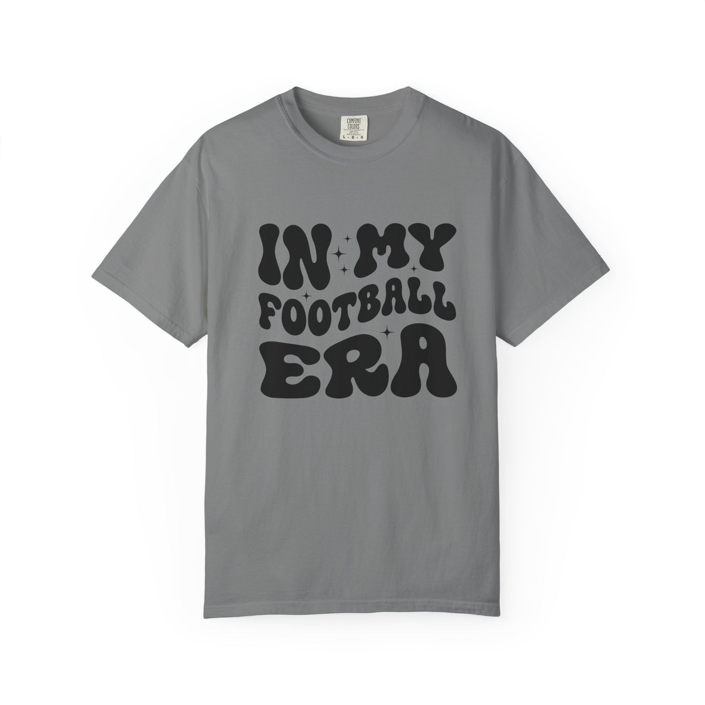 Gray t-shirt with 'IN MY FOOTBALL ERA' text on a white background