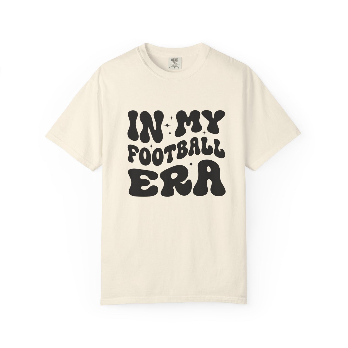 Beige t-shirt with 'IN MY FOOTBALL ERA' text on a white background
