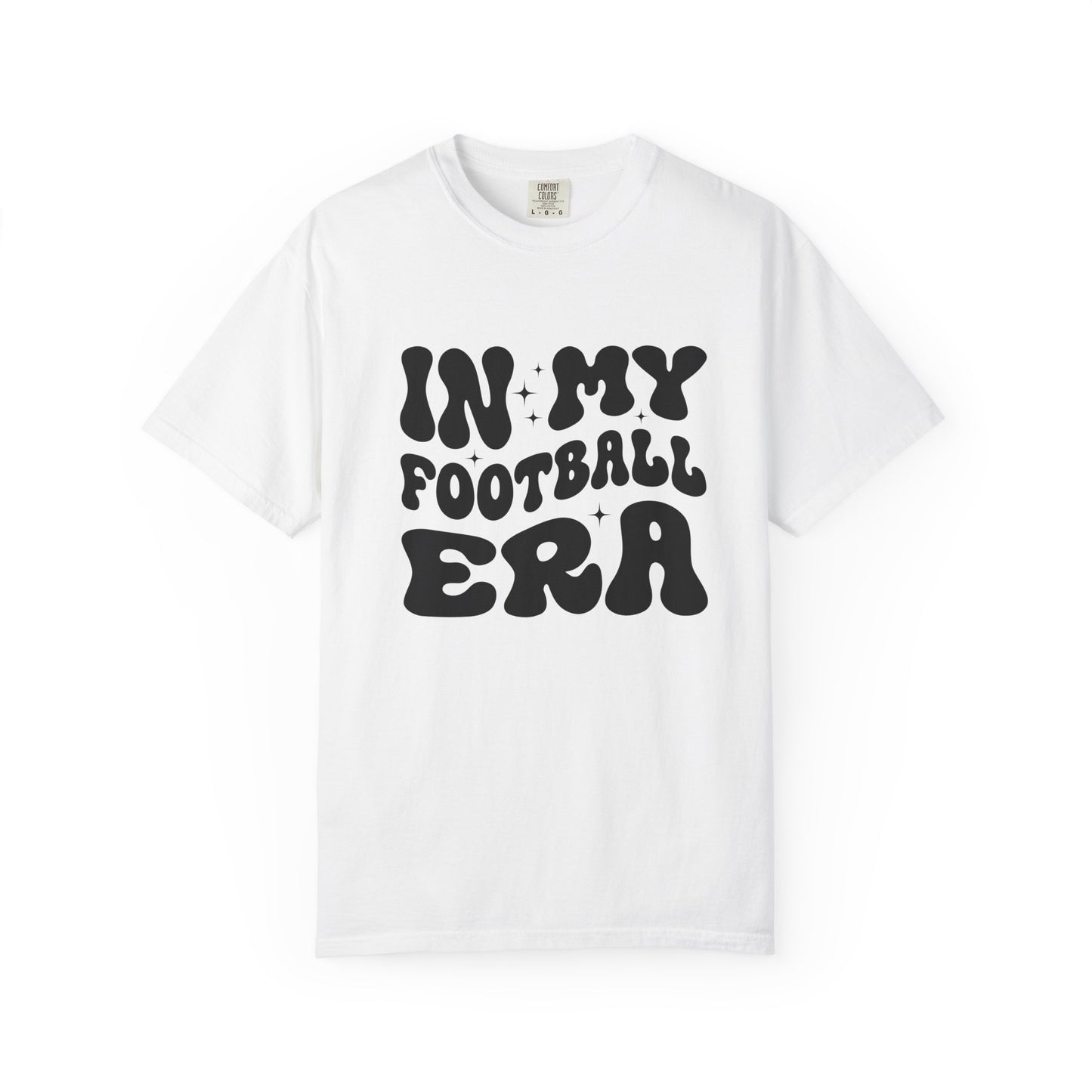 White t-shirt with 'IN MY FOOTBALL ERA' text on a white background