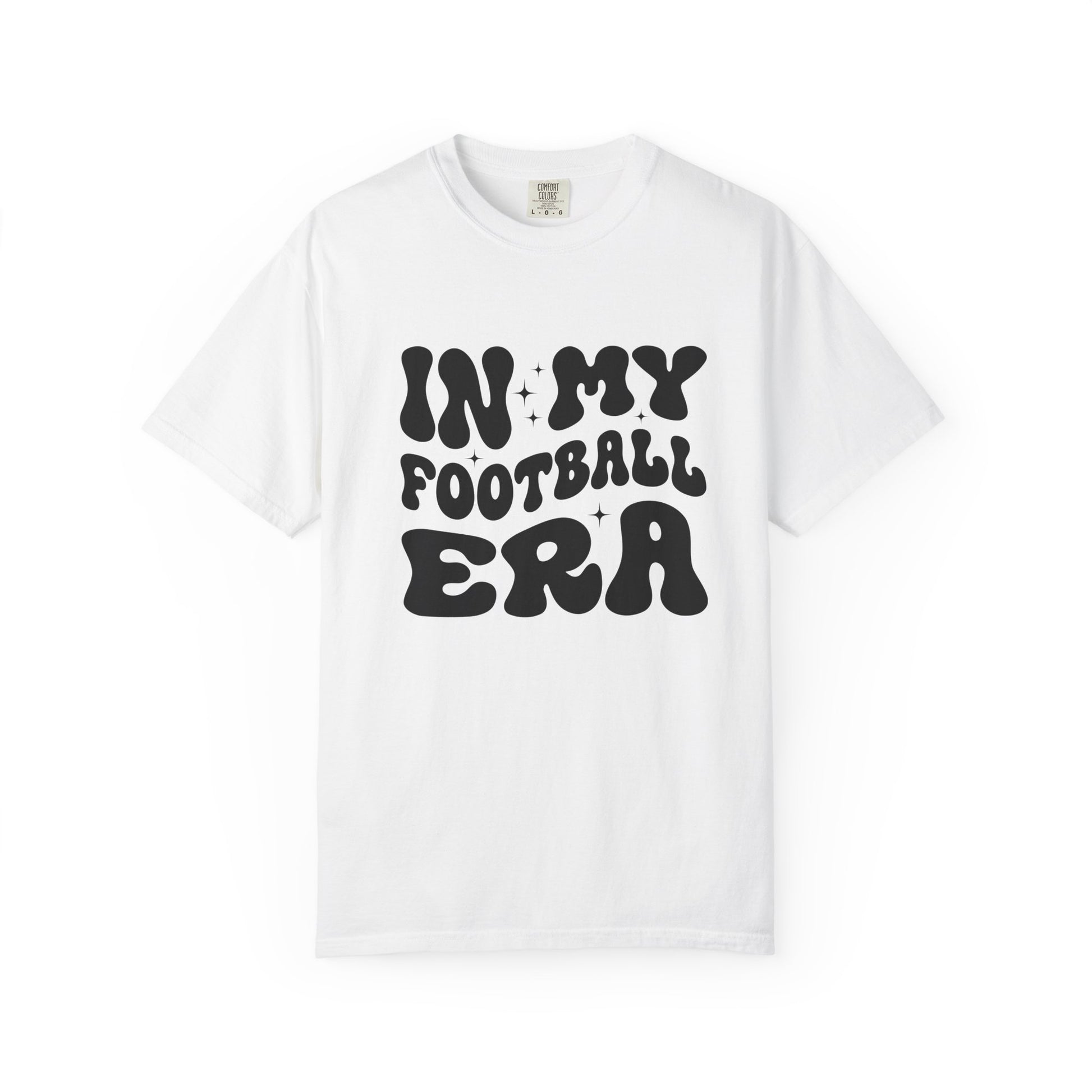 White t-shirt with 'IN MY FOOTBALL ERA' text on a white background