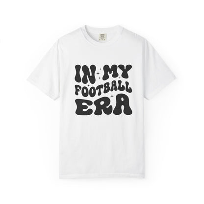 White t-shirt with 'IN MY FOOTBALL ERA' text on a white background