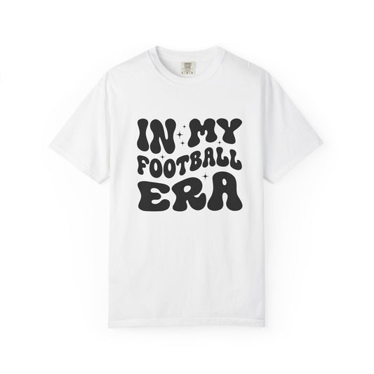 White t-shirt with 'IN MY FOOTBALL ERA' text on a white background