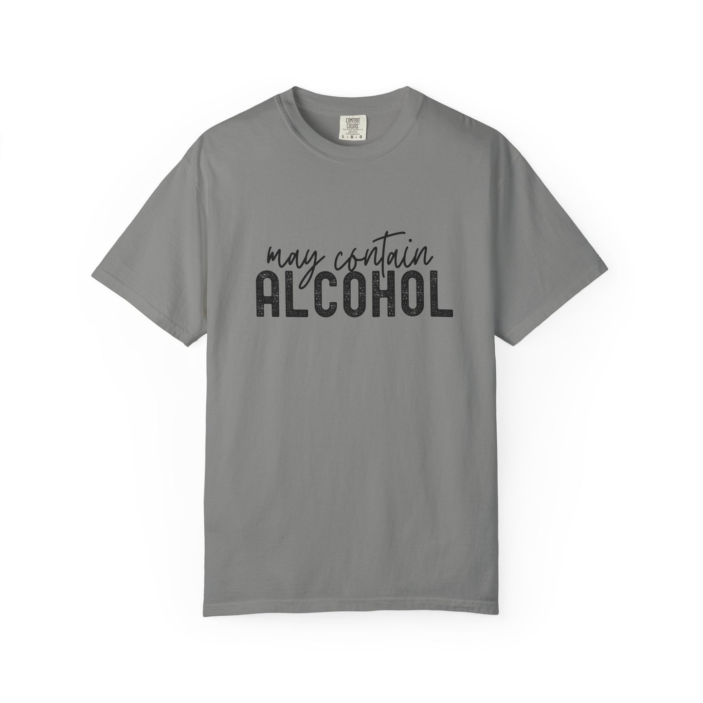 Gray t-shirt with 'may contain ALCOHOL' text