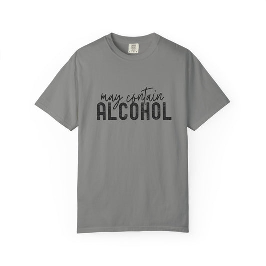 Gray t-shirt with 'may contain ALCOHOL' text