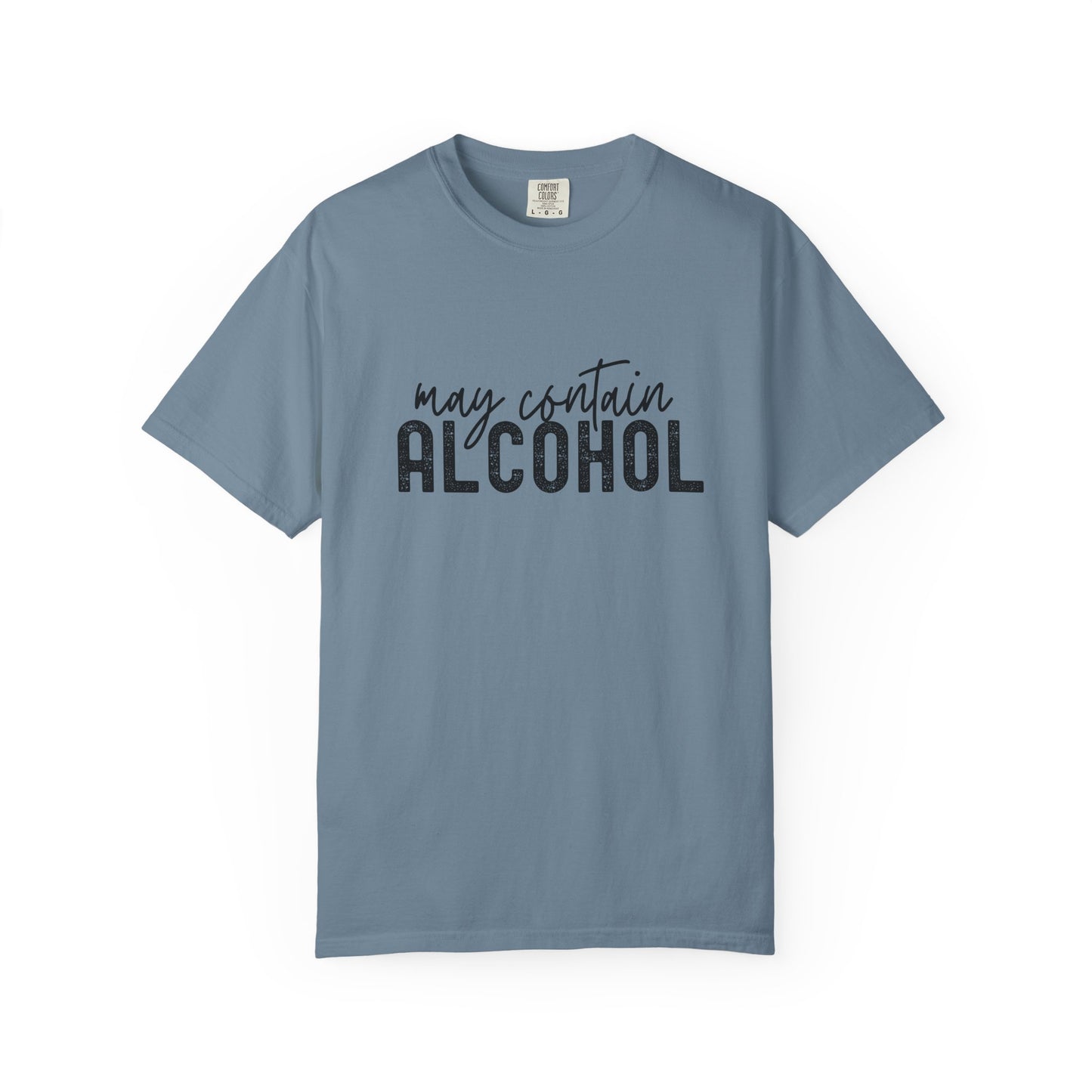Blue t-shirt with 'may contain ALCOHOL' text 