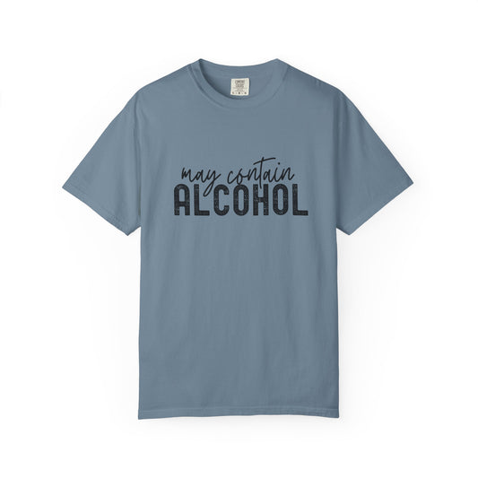 Blue t-shirt with 'may contain ALCOHOL' text 