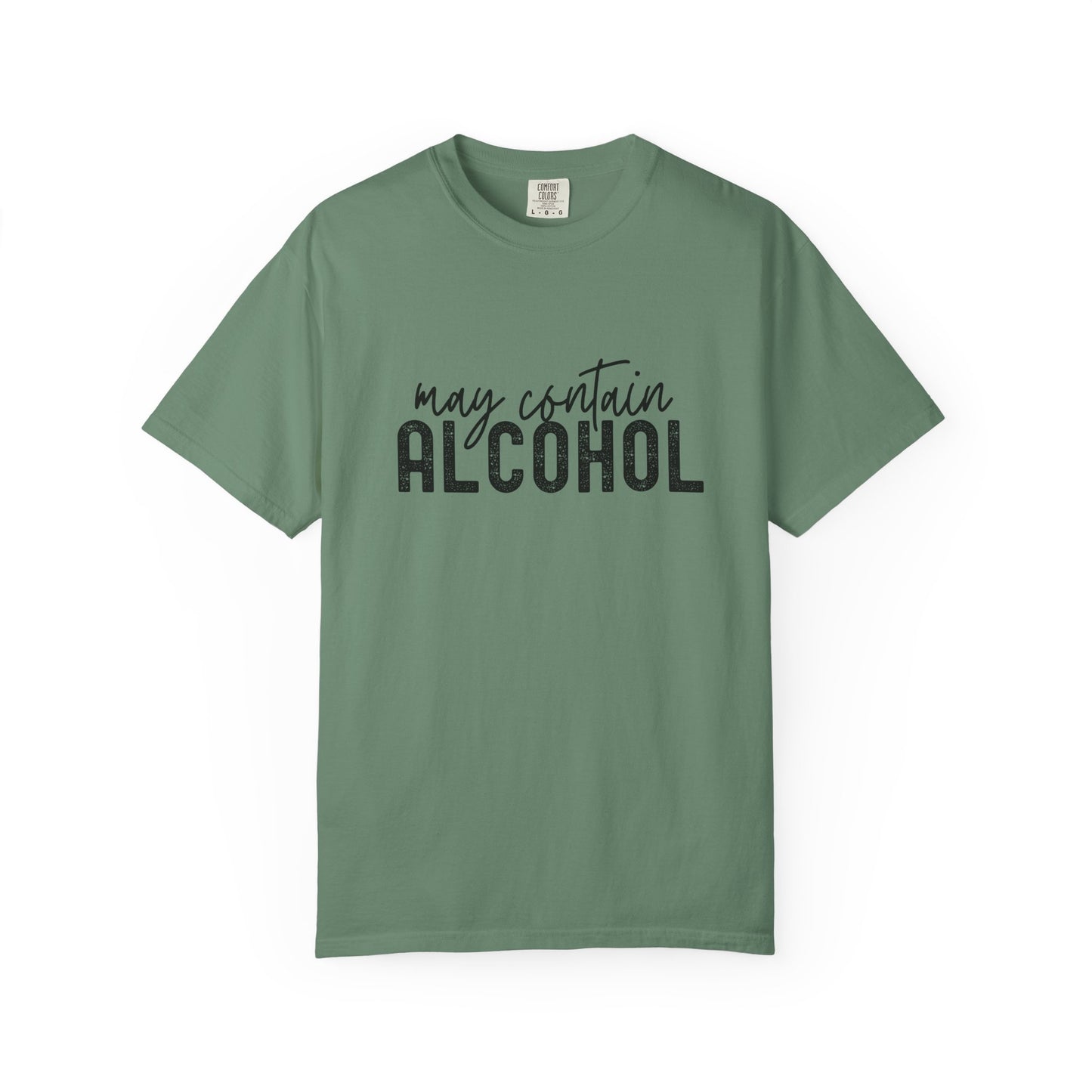 Green t-shirt with 'may contain ALCOHOL' text 