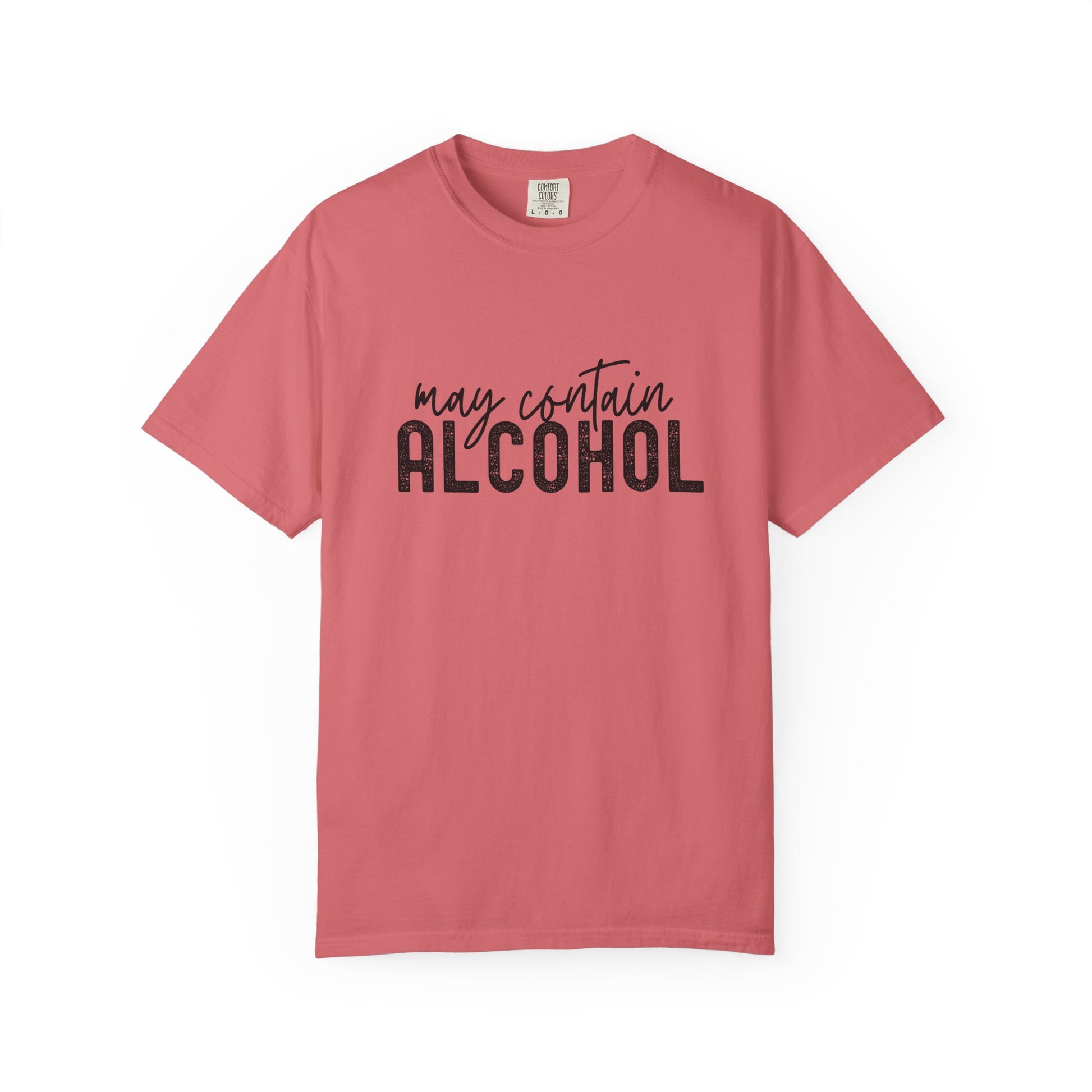 Pink t-shirt with 'may contain ALCOHOL' text