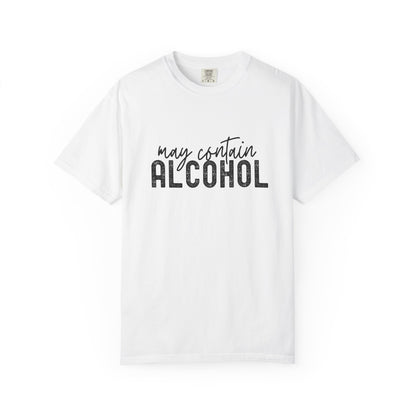 White t-shirt with 'may contain ALCOHOL' text 