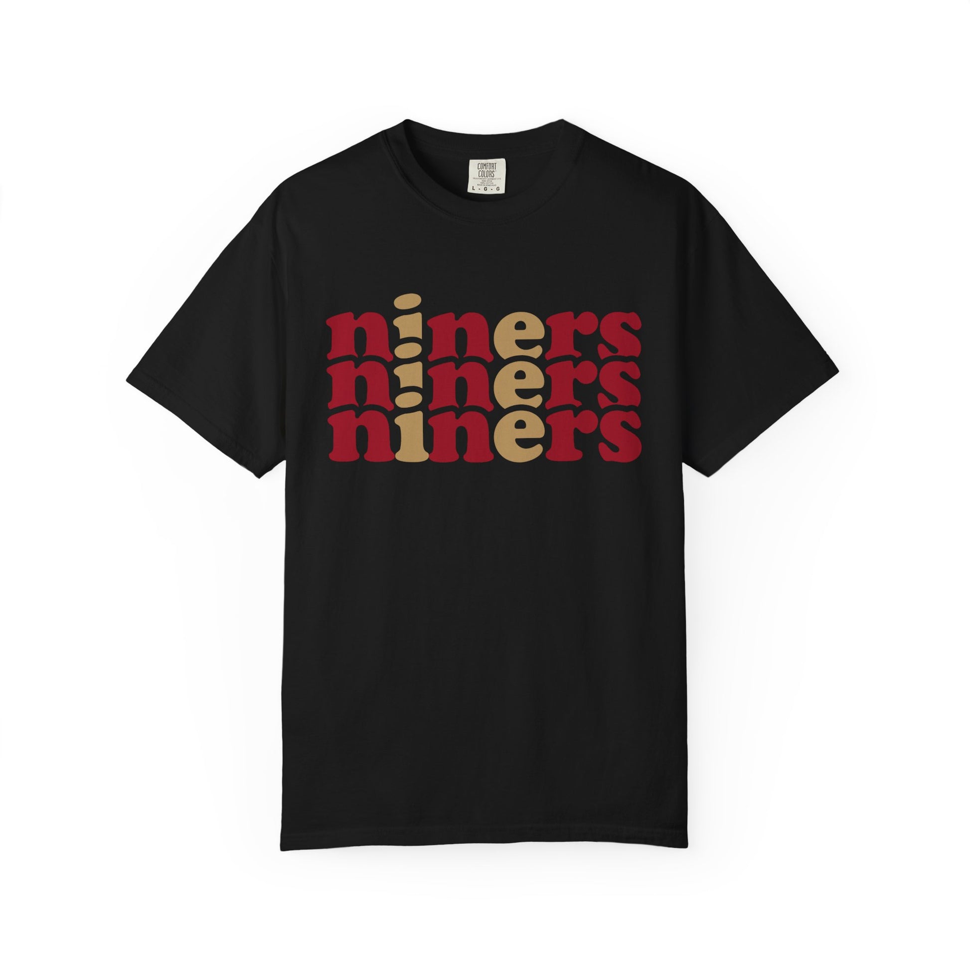 Black t-shirt with 'niners' text in red and yellow on a white background