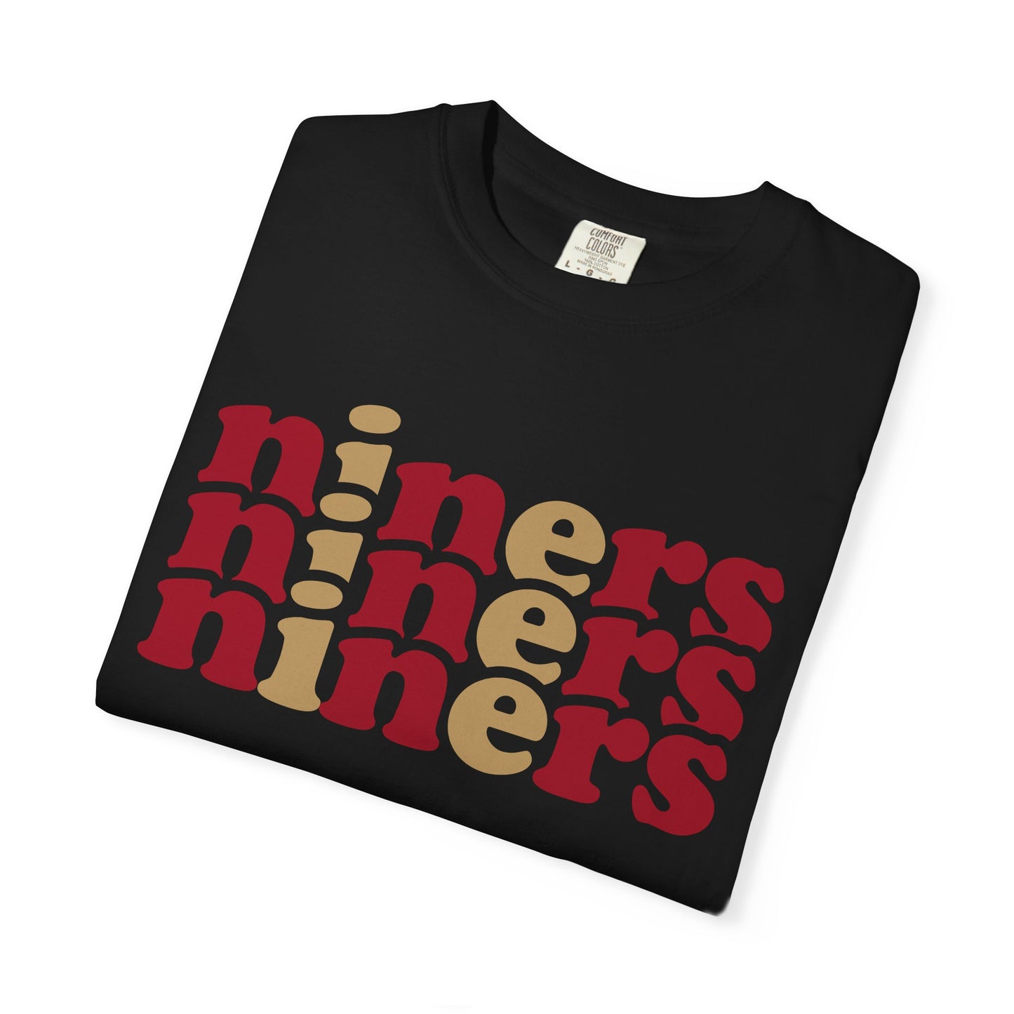 Folded black t-shirt with 'miners' text in red and beige on a white background