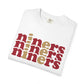White t-shirt with 'niners' text in red and gold on a white background