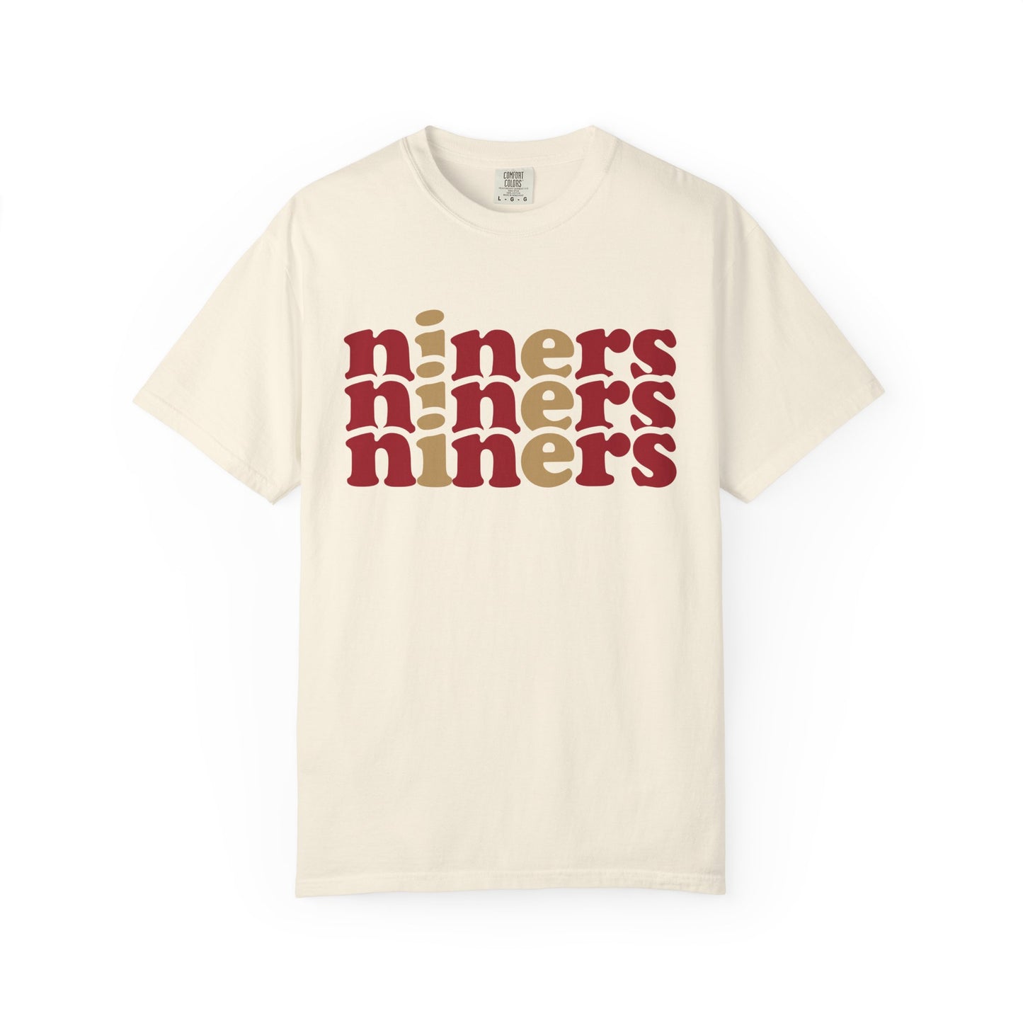 Beige t-shirt with 'niners' text in red and brown on a white background