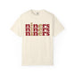 Beige t-shirt with 'niners' text in red and brown on a white background