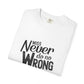 Folded white t-shirt with 'Miss Never do no Wrong' text ackground